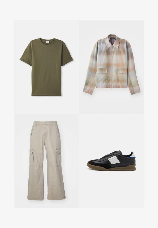 Jacke mit Reißverschluss und strukturiertem Kragen, versehen mit einem pastellfarbenen Verlaufsmuster, zwei Fronttaschen und einem glatten, leicht strukturierten Stoff.; Ein schlichtes, olivgrünes T-Shirt mit kurzen Ärmeln und Rundhalsausschnitt, flach auf einem weißen Hintergrund ausgelegt.; Khaki Cargo-Hosen aus Baumwollmischung, mit weitem Bein, mehreren Seitentaschen und dezenten Steppdetails.; Schwarze Leder- und Wildledersneaker mit einem grauen Einsatz, brauner Gummisohle und blauen Akzenten an der Ferse. Mit Schnürsenkeln und geprägtem Logo.