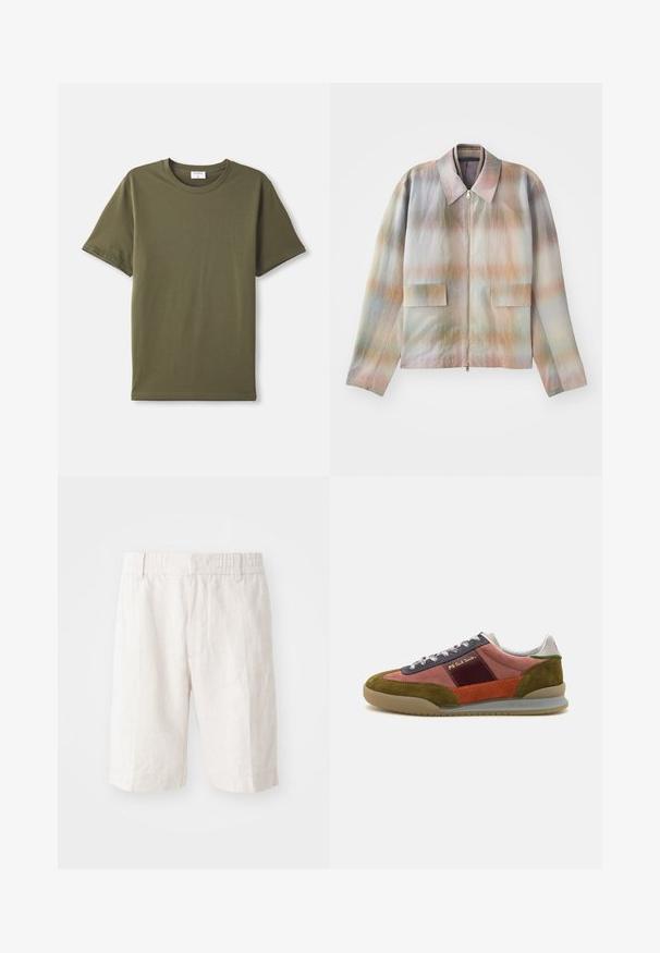 Jacke mit Reißverschluss und strukturiertem Kragen, versehen mit einem pastellfarbenen Verlaufsmuster, zwei Fronttaschen und einem glatten, leicht strukturierten Stoff.; Ein schlichtes, olivgrünes T-Shirt mit kurzen Ärmeln und Rundhalsausschnitt, flach auf einem weißen Hintergrund ausgelegt.; Leinen-Shorts in hellem Beige mit einem elastischen Bund, seitlichen Taschen und geradem Schnitt. Glatte Textur mit minimal sichtbaren Nähten.; PS Paul Smith DOVER - Sneaker low - pink