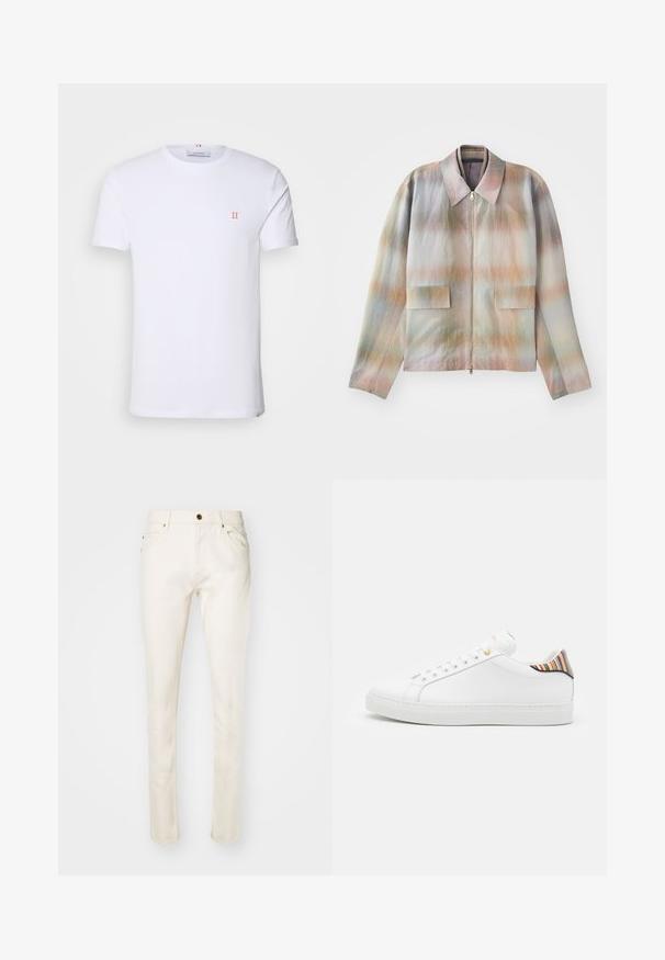 Veste zippée à col structuré, présentant un motif dégradé pastel, deux poches avant et un tissu lisse légèrement texturé.; T-shirt en coton blanc à manches courtes, avec un petit logo orange "II" sur la poitrine gauche et un col rond. Design et texture simples.; Jean en coton beige avec une coupe slim, dotés d'un bouton à l'avant, de cinq poches et de détails de couture subtils. Texture lisse et jambe fuselée.; Baskets en cuir blanc avec une finition lisse, présentant un accent rayé coloré au niveau du talon, des œillets dorés et une semelle blanche plate.