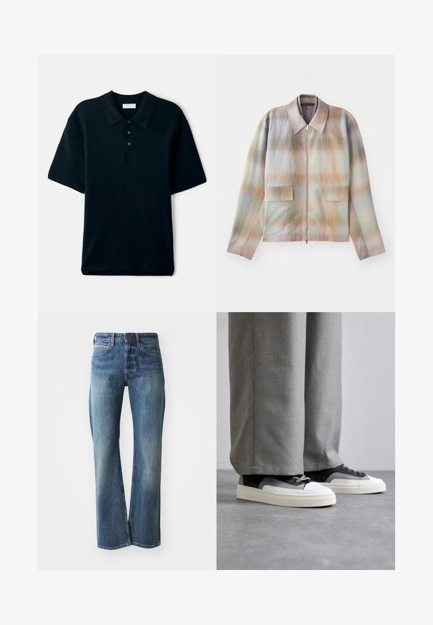Jakke med lynlås foran og en struktureret krave, der har et pastelgradientmønster, to forlommer og et glat, let tekstureret stof.; Marineblå kortærmet polo shirt med tekstureret ribbet design, krave og tre-knaps placket.; Denim jeans med en lys til mellemblå farve, lige ben skæring, klassisk fem-lommer design og subtil falmning foran.; Filling Pieces RIVIERA - Sneakers - grey