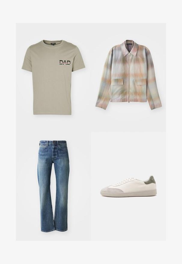 Jakke med lynlås foran og en struktureret krave, der har et pastelgradientmønster, to forlommer og et glat, let tekstureret stof.; Olivengrøn bomulds t-shirt med rund hals og korte ærmer; har ordet "DAD" i sort og hvidt med stribede accenter på brystet.; Denim jeans med en lys til mellemblå farve, lige ben skæring, klassisk fem-lommer design og subtil falmning foran.; Hvid lav sneaker med lysegrå ruskind på tå og hæl, hvide snørebånd og en flad beige sål, vist fra ydersiden.