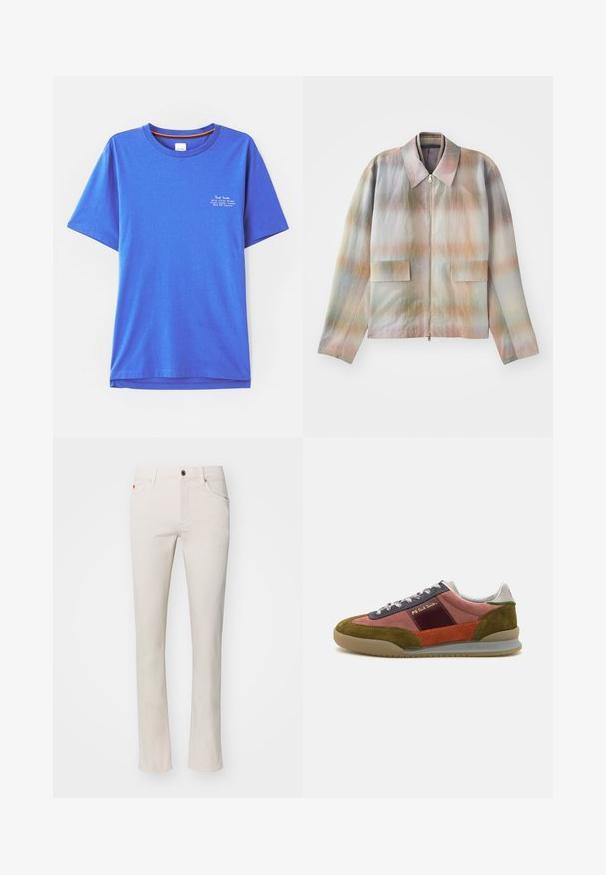 Jacke mit Reißverschluss und strukturiertem Kragen, versehen mit einem pastellfarbenen Verlaufsmuster, zwei Fronttaschen und einem glatten, leicht strukturierten Stoff.; Blaues Baumwoll-T-Shirt mit kurzen Ärmeln und Rundhalsausschnitt, mit weißem Drucktext auf der oberen linken Seite. Glatte Textur und lockere Passform.; Beige Straight-Leg-Jeans aus einem Baumwoll-Mischgewebe. Mit traditionellem Fünf-Taschen-Design und Metallknopfverschluss am Bund.; PS Paul Smith DOVER - Sneaker low - pink