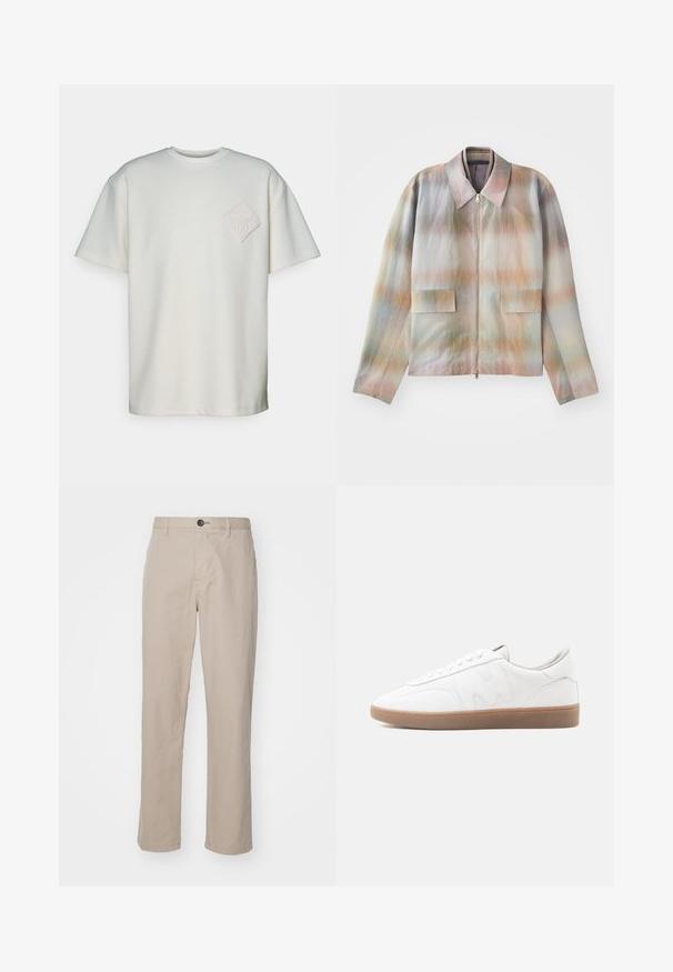 Veste zippée à col structuré, présentant un motif dégradé pastel, deux poches avant et un tissu lisse légèrement texturé.; T-shirt à manches courtes en coton blanc cassé, avec un patch en diamant texturé et un design en relief sur la poitrine gauche.; Pantalons beiges droit en tissu léger, dotés d'une fermeture à bouton et de détails de couture subtils. Taille plate avec poches latérales.; Baskets basses blanches avec semelle en caoutchouc gomme, superpositions cousues et fermeture à lacets sur fond neutre.
