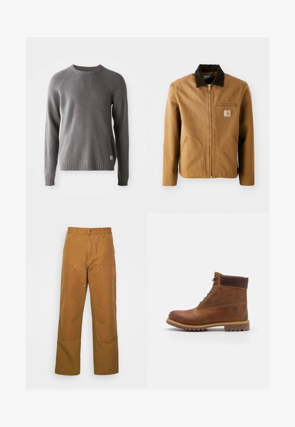 Brun lærredjakke med en mørkebrun fløjlskrave, lynlås lukning, brystlomme og sidelommer. Har et logo patch på venstre side.; Grå ribbestrikket sweater med lange ærmer og rund halsudskæring. Har en tekstureret overflade og et lille logo mærke på kanten.; Brune bomuldsarbejdsbukser med lige ben-design, der har frontlommer og metalhardware detaljer for ekstra holdbarhed.; Brun læder vandrestøvle med en glat finish, polstret ankel, metalliske snørehuller og en gummisål med et robust dækmønster.