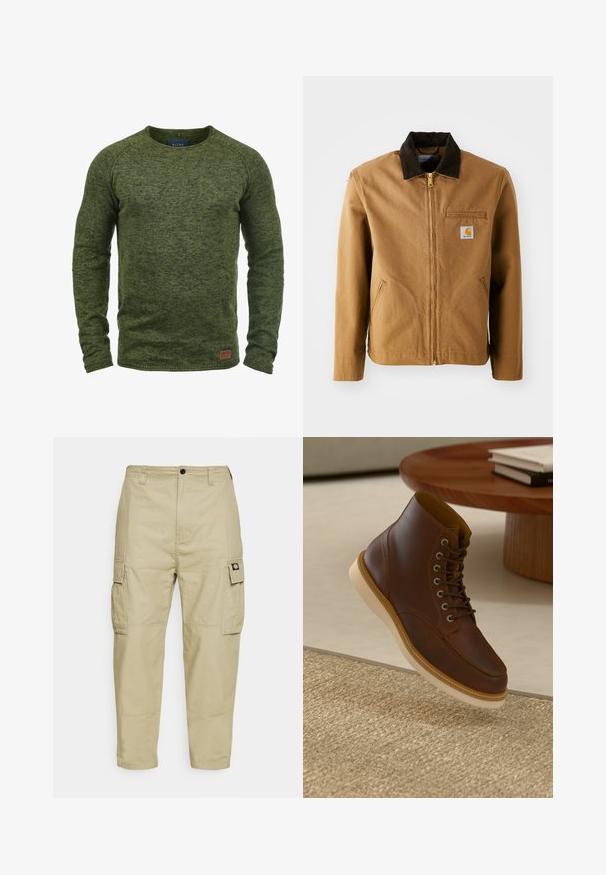 Brun lærredjakke med en mørkebrun fløjlskrave, lynlås lukning, brystlomme og sidelommer. Har et logo patch på venstre side.; Grøn sweater lavet af struktureret strikstof, med rund hals, lange ærmer og et lille brunt logo-patch på den nederste front.; Beige cargo bukser lavet af slidstærkt stof, med to sidelommer, knaplukning og smalle ben med en glat overflade.; Brune læderankelstøvle med beige sål på et struktureret beige tæppe ved siden af et rundt træbord med stakke af bøger.