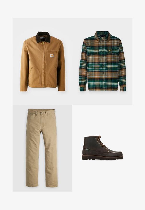Brun lærredjakke med en mørkebrun fløjlskrave, lynlås lukning, brystlomme og sidelommer. Har et logo patch på venstre side.; Skjorte i ternet flannel i grøn, brun og sort med knaplukning fortil, to brystlommer og et lille broderet logo på venstre lomme.; Khakifarvede bomuldssbukser med lige ben, forlommer og knaplukning. Glat tekstur og forstærkede sømme for holdbarhed.; Sebago Snørestøvletter - marrone