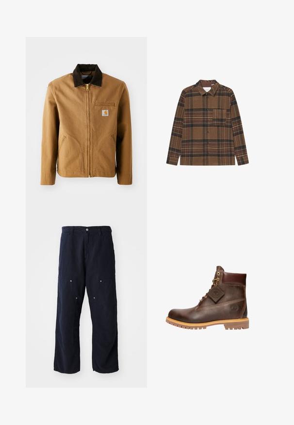 Brun lærredjakke med en mørkebrun fløjlskrave, lynlås lukning, brystlomme og sidelommer. Har et logo patch på venstre side.; Brunternet skjorte lavet af blødt stof med lange ærmer, knaplukning, krave og en enkel brystlomme med flerfarvede striber.; Marineblå brede bukser lavet af bomuld med en struktureret overflade. Har to frontlommer med knapdetaljer og en frontlukning med knap.; Brun læder ankelstøvle med rund tå, solid sål, hardware i guldtone og en tekstureret overdel. Inkluderer et logo-tagfæstet.