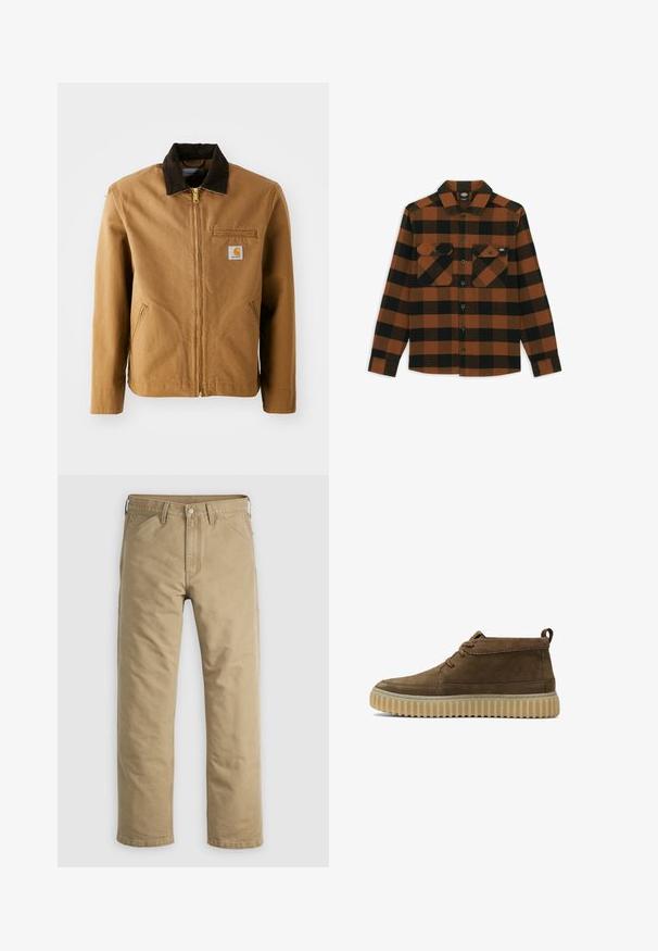 Bruine canvas jas met een donkerbruine corduroy kraag, ritssluiting, borstzak en zijzakken. Bevat een logo patch aan de linkerkant.; Langarmshirt in een oranje en zwart geruit patroon, gemaakt van een gestructureerde stof. Heeft twee borstzakken en een knoopsluiting aan de voorkant.; Kaki katoenen broek met een rechte pijp, voorzakken en een knoopsluiting. Glad textuur en verstevigde naden voor duurzaamheid.; Bruine suède enkellaarzen met een ronde neus, minimale stiksels en een gestructureerde, dikke rubberen zool. Voorzien van een vetersluiting en een hieltab.