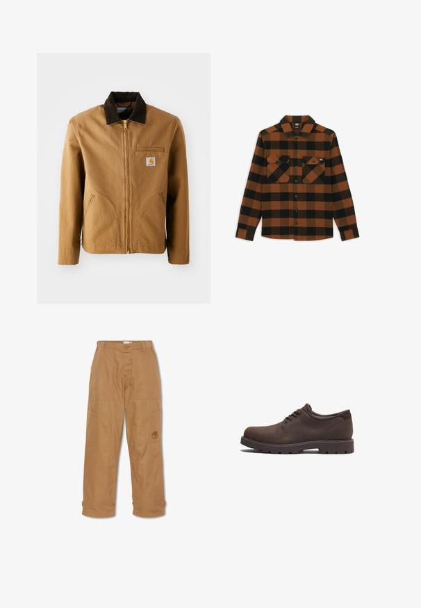 Bruine canvas jas met een donkerbruine corduroy kraag, ritssluiting, borstzak en zijzakken. Bevat een logo patch aan de linkerkant.; Langarmshirt in een oranje en zwart geruit patroon, gemaakt van een gestructureerde stof. Heeft twee borstzakken en een knoopsluiting aan de voorkant.; Khaki werkbroek, gemaakt van duurzaam materiaal, heeft meerdere zakken, een knoopsluiting en een geborduurd logo op de dij.; Bruine leren schoenen met een ronde neus en vetersluiting. Voorzien van een gestructureerd oppervlak en een rubberen zool met hoge grip. Subtiel logo aan de zijkant.