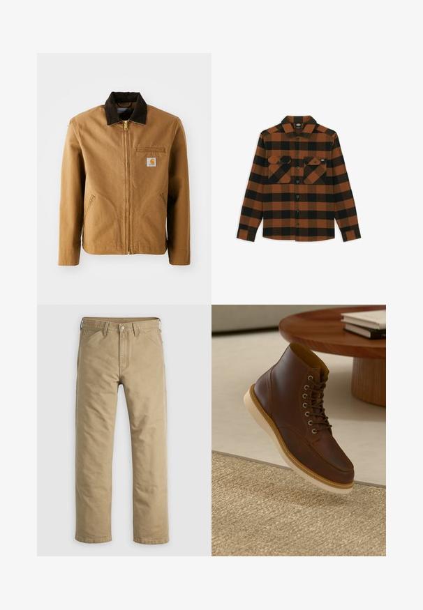 Brun lærredjakke med en mørkebrun fløjlskrave, lynlås lukning, brystlomme og sidelommer. Har et logo patch på venstre side.; Langærmet skjorte i orange og sort ternet mønster, lavet af et tekstureret stof. Har to brystlommer og knaplukning foran.; Khakifarvede bomuldssbukser med lige ben, forlommer og knaplukning. Glat tekstur og forstærkede sømme for holdbarhed.; Brune læderankelstøvle med beige sål på et struktureret beige tæppe ved siden af et rundt træbord med stakke af bøger.