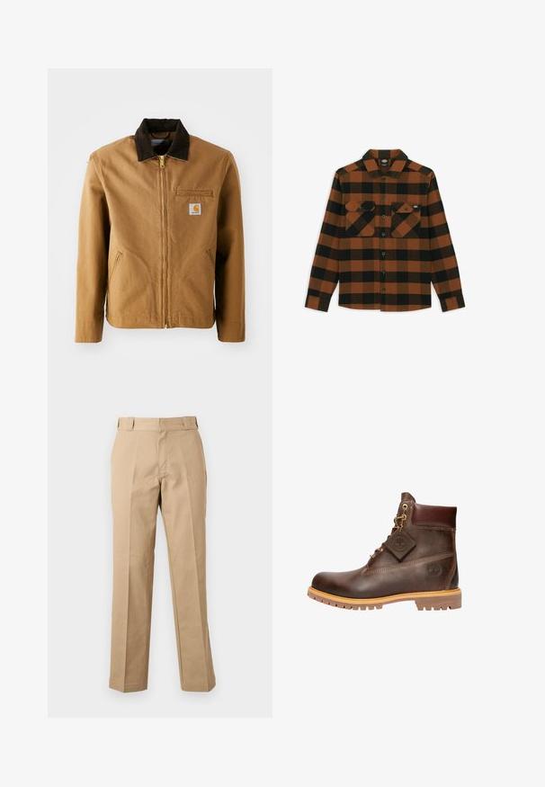 Veste en toile marron avec un col en velours côtelé marron foncé, fermeture éclair, poche poitrine et poches latérales. Présente un patch logo sur la gauche.; Chemise à manches longues en motif écossais orange et noir, fabriquée dans un tissu texturé. Comprend deux poches poitrine et une fermeture à boutons.; Pantalon beige droit avec passants de ceinture, fermeture éclair à l'avant et plis marqués, présenté sur un fond blanc uni.; Bottine en cuir marron avec un bout rond, une semelle robuste, des éléments en doré et un dessus texturé. Comprend une étiquette de logo attachée.