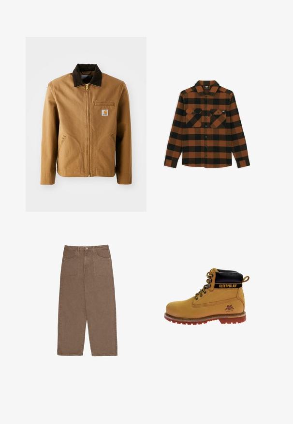 Bruine canvas jas met een donkerbruine corduroy kraag, ritssluiting, borstzak en zijzakken. Bevat een logo patch aan de linkerkant.; Langarmshirt in een oranje en zwart geruit patroon, gemaakt van een gestructureerde stof. Heeft twee borstzakken en een knoopsluiting aan de voorkant.; Bruine wijde pijpenbroek van katoen, met twee voorkruiken en een knoopsluiting. De stof heeft een zachte textuur en een matte afwerking.; Tan leren werklaars met zwarte kraag, stalen neuzen, bruine rubberen zool, oranje accenten en logo-detail aan de zijkant.