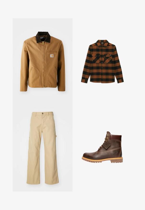 Veste en toile marron avec un col en velours côtelé marron foncé, fermeture éclair, poche poitrine et poches latérales. Présente un patch logo sur la gauche.; Chemise à manches longues en motif écossais orange et noir, fabriquée dans un tissu texturé. Comprend deux poches poitrine et une fermeture à boutons.; Pantalons cargo larges beiges avec fermeture à bouton, dotés de poches latérales, fabriqués en coton robuste, avec une texture lisse et un design droit.; Bottine en cuir marron avec un bout rond, une semelle robuste, des éléments en doré et un dessus texturé. Comprend une étiquette de logo attachée.