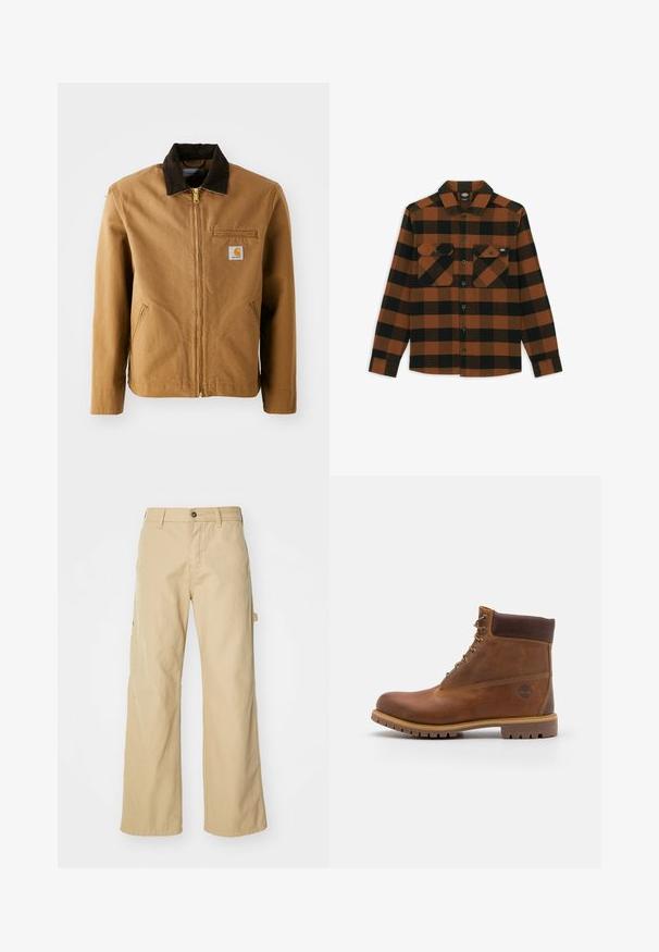 Veste en toile marron avec un col en velours côtelé marron foncé, fermeture éclair, poche poitrine et poches latérales. Présente un patch logo sur la gauche.; Chemise à manches longues en motif écossais orange et noir, fabriquée dans un tissu texturé. Comprend deux poches poitrine et une fermeture à boutons.; Pantalons cargo larges beiges avec fermeture à bouton, dotés de poches latérales, fabriqués en coton robuste, avec une texture lisse et un design droit.; Botte de randonnée en cuir marron avec une finition lisse, cheville rembourrée, œillets en métal et semelle en caoutchouc dotée d'un motif de crampons robuste.