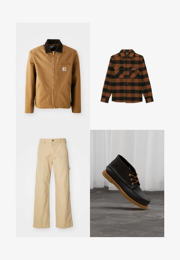 Braune Canvas-Jacke mit einem dunkelbraunen Cordkragen, Reißverschluss, Brusttasche und Seitentaschen. Verfügt über einen Logo-Patch auf der linken Seite.; Langärmliges Hemd im orange-schwarz karierten Muster, aus einem strukturierten Stoff gefertigt. Verfügt über zwei Brusttaschen und eine geknöpfte Vorderseite.; Beigeweite Cargo-Hosen mit Knopfverschluss, ausgestattet mit Seitentaschen, aus strapazierfähigem Baumwollstoff, mit glatter Textur und geradem Schnitt.; Schwarze Lederschuhe mit glatter Oberfläche, runder Zehenform, braunen Schnürsenkeln und hellbraunen Gummisohlen. Logo an der Seite geprägt.