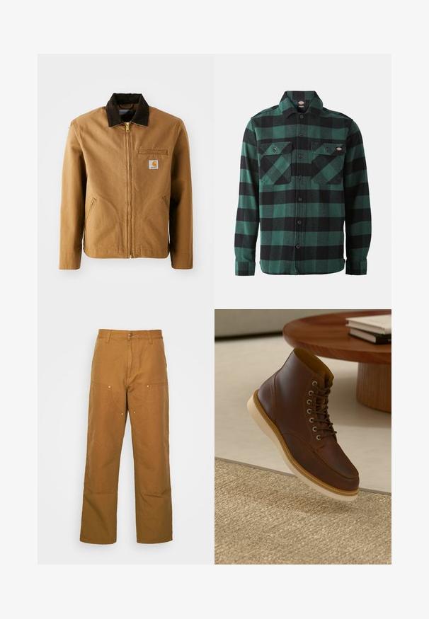 Brun lærredjakke med en mørkebrun fløjlskrave, lynlås lukning, brystlomme og sidelommer. Har et logo patch på venstre side.; Grøn- og sortternet flannel skjorte med lange ærmer, knaplukning foran, to brystlommer og en klassisk krave. Blød tekstur, alsidigt design.; Brune bomuldsarbejdsbukser med lige ben-design, der har frontlommer og metalhardware detaljer for ekstra holdbarhed.; Brune læderankelstøvle med beige sål på et struktureret beige tæppe ved siden af et rundt træbord med stakke af bøger.