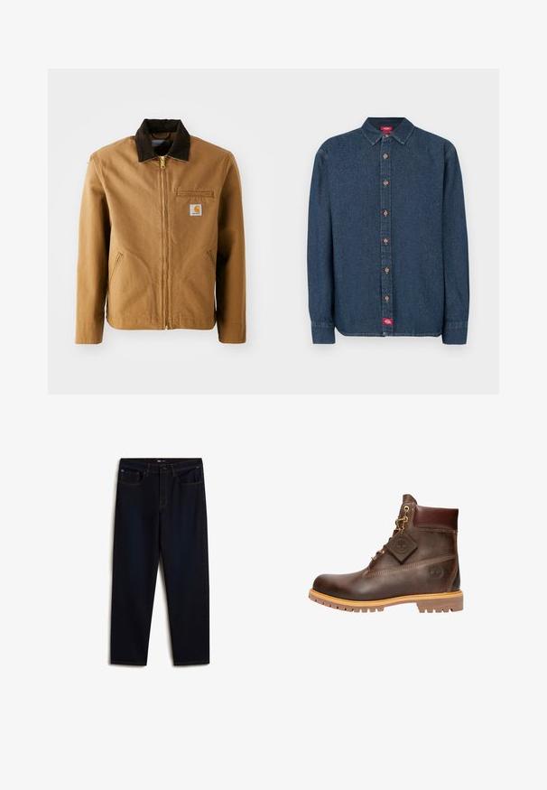 Bruine canvas jas met een donkerbruine corduroy kraag, ritssluiting, borstzak en zijzakken. Bevat een logo patch aan de linkerkant.; Donkerblauw denim overhemd met knopen, een spitse kraag, lange mouwen en koperen knopen. Heeft een klein rood label aan de linkerkant.; Vans Relaxed fit jeans - dark blue; Bruine leren enkelboot met een ronde neus, stevige zool, hardware in goudkleur en een gestructureerde bovenkant. Inclusief een merklabel dat is bevestigd.