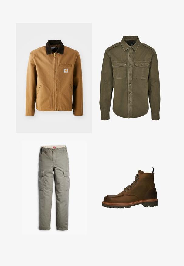 Braune Canvas-Jacke mit einem dunkelbraunen Cordkragen, Reißverschluss, Brusttasche und Seitentaschen. Verfügt über einen Logo-Patch auf der linken Seite.; Olivgrünes Button-Down-Shirt aus Baumwolle. Verfügt über einen Kragen, zwei Brusttaschen mit Klappen und strukturierte Schultern mit sichtbaren Nähten.; Cargo-Hosen in Olivgrün, aus strapazierfähigem Baumwollmix, mit seitlichen Taschen, einem geraden Bein-Design und Knopfverschluss.; Braune Leder-Stiefeletten mit runder Zehenform, metallenen Ösen und einer robusten Gummisohle. Enthält eine Zuglasche für ein einfaches An- und Ausziehen.