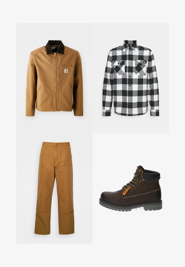 Bruine canvas jas met een donkerbruine corduroy kraag, ritssluiting, borstzak en zijzakken. Bevat een logo patch aan de linkerkant.; Zwart-witte flanellen blouse met een geruit patroon, voorzien van twee borstzakken, knoopsluiting en een kraag. Zachte, gestructureerde stof.; Bruine katoenen utility broeken met een rechte pijpdesign, voorzien van voorzakken en metalen hardware accenten voor extra duurzaamheid.; Bruine leren enkellaars met een grijze rubberen zool, oranje accentlabel en metalen oogjes. Kenmerken zijn contrasterende stiksels en een gevoerd kraagje.