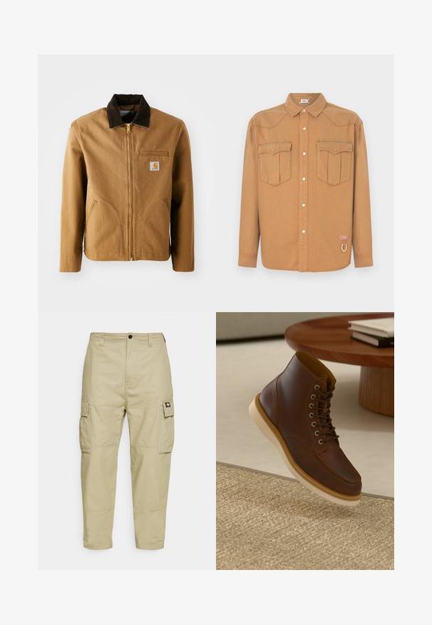 Brun lærredjakke med en mørkebrun fløjlskrave, lynlås lukning, brystlomme og sidelommer. Har et logo patch på venstre side.; Brun denimskjorte med to brystlommer, spids krave, knaplukning foran og kontrastsyning. Indeholder en logo-patch og en løkke detalje.; Beige cargo bukser lavet af slidstærkt stof, med to sidelommer, knaplukning og smalle ben med en glat overflade.; Brune læderankelstøvle med beige sål på et struktureret beige tæppe ved siden af et rundt træbord med stakke af bøger.