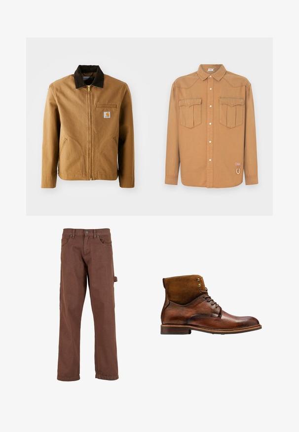 Brun lærredjakke med en mørkebrun fløjlskrave, lynlås lukning, brystlomme og sidelommer. Har et logo patch på venstre side.; Brun denimskjorte med to brystlommer, spids krave, knaplukning foran og kontrastsyning. Indeholder en logo-patch og en løkke detalje.; Brune cargo bukser lavet af robust stof, med et lige ben-design, frontlommer og en sidelomme med klap.; Kazar ALID - Snørestøvletter - brown