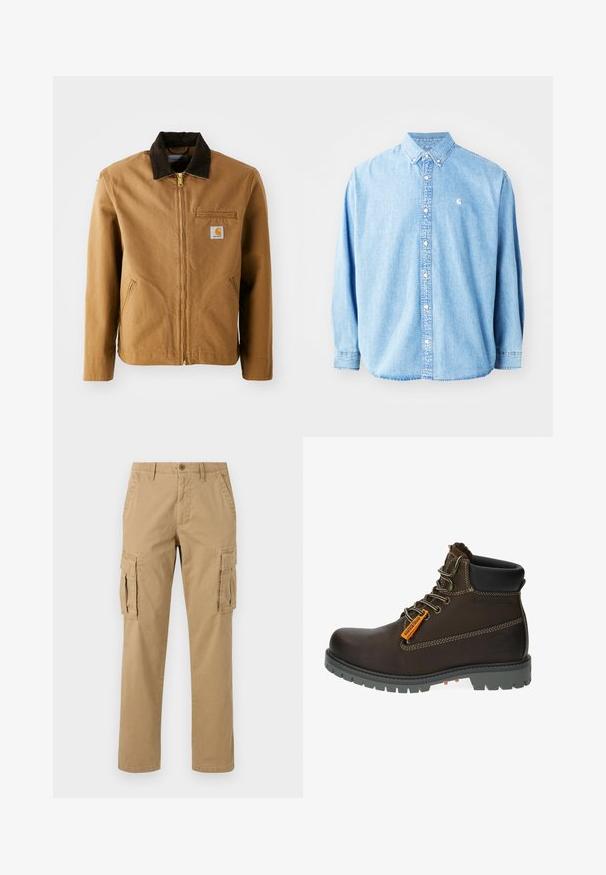 Brun lærredjakke med en mørkebrun fløjlskrave, lynlås lukning, brystlomme og sidelommer. Har et logo patch på venstre side.; Lysel blå denim skjorte med knapper og lange ærmer, spids krave og et lille logo på venstre bryst. Har en afslappet pasform og klassisk design.; Beige cargobukser med to sidelommer, knaplukning, lige ben og et blødt, tekstureret stof.; Brun læder ankelstøvle med grå gummisål, orange accentmærke og metaløjer. Har kontraststikning og polstret krave.