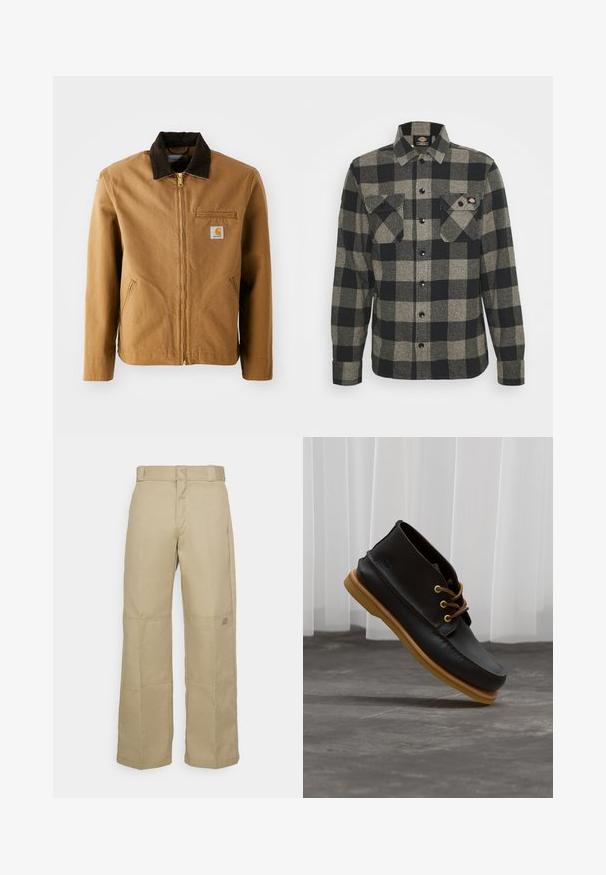 Veste en toile marron avec un col en velours côtelé marron foncé, fermeture éclair, poche poitrine et poches latérales. Présente un patch logo sur la gauche.; Chemise en flanelle à carreaux noirs et gris, à manches longues, à boutonnière à l'avant, avec deux poches sur la poitrine et un ourlet légèrement arrondi. Tissu texturé.; Pantalons larges beiges en tissu résistant, dotés d'une taille haute, de coutures visibles et d'un petit logo sur le côté.; Chaussures en cuir noir avec une finition lisse, bout rond, lacets marron et semelles en caoutchouc marron clair. Logo embossé sur le côté.
