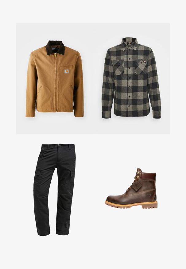 Bruine canvas jas met een donkerbruine corduroy kraag, ritssluiting, borstzak en zijzakken. Bevat een logo patch aan de linkerkant.; Zwart en grijs geblokt flanellen shirt met lange mouwen, knoopsluiting aan de voorkant, twee borstzakken en een licht gebogen zoom. Gegarneerde stof.; Zwarte cargobroek met een rechte snit, gemaakt van duurzaam materiaal, met meerdere zijzakken en een knoopsluiting bij de taille.; Bruine leren enkelboot met een ronde neus, stevige zool, hardware in goudkleur en een gestructureerde bovenkant. Inclusief een merklabel dat is bevestigd.