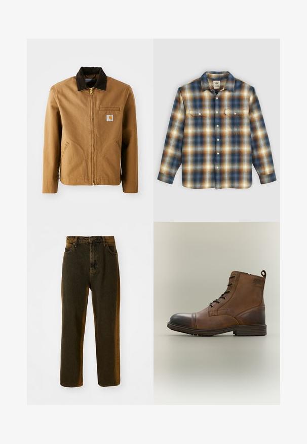 Brun lærredjakke med en mørkebrun fløjlskrave, lynlås lukning, brystlomme og sidelommer. Har et logo patch på venstre side.; Rutet flannel skjorte i blå, brun og creme farver, med to brystlommer, knapper langs fronten og et klassisk kravedesign.; Mørkebrune lige ben denim jeans med foran knap og lynlås, bæltesløjfer samt for- og baglommer.; Brun læderstøvle med snørebånd, sort tåhætte, rund sål og mærket detalje på siden mod ensfarvet baggrund.