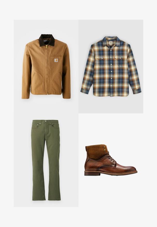 Brun lærredjakke med en mørkebrun fløjlskrave, lynlås lukning, brystlomme og sidelommer. Har et logo patch på venstre side.; Rutet flannel skjorte i blå, brun og creme farver, med to brystlommer, knapper langs fronten og et klassisk kravedesign.; Olivengrønne flared jeans lavet af bomuld med en glat tekstur; har fem lommer, en knaplukning og diskrete stikninger.; Kazar ALID - Snørestøvletter - brown