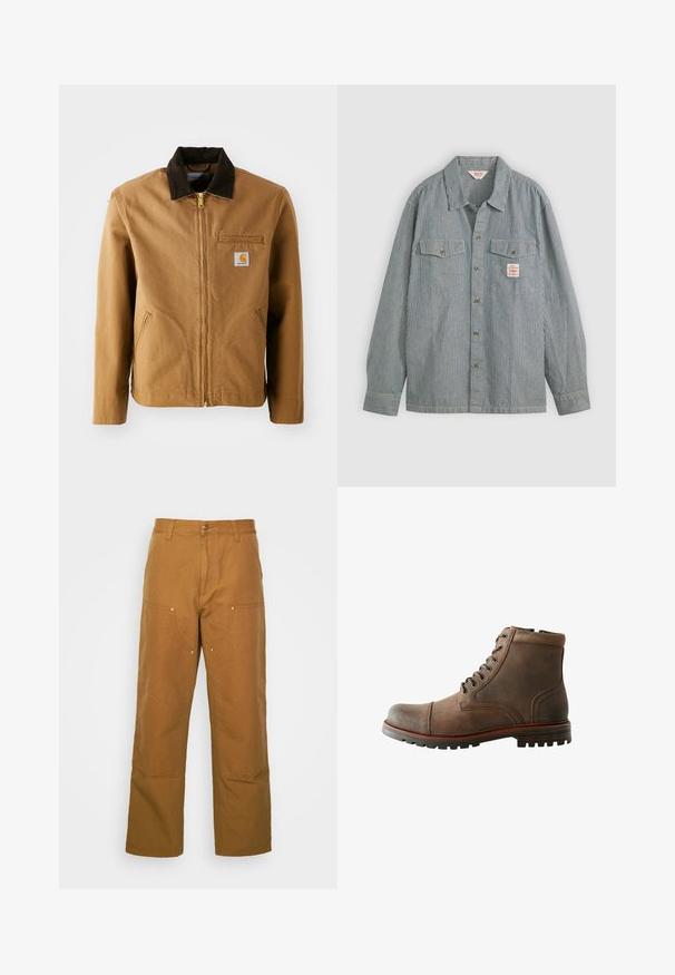 Brun lærredjakke med en mørkebrun fløjlskrave, lynlås lukning, brystlomme og sidelommer. Har et logo patch på venstre side.; Stribet skjorte i blå og hvid, med krave, to brystlommer og et lille mærke. Lavet af letvægtsstof.; Brune bomuldsarbejdsbukser med lige ben-design, der har frontlommer og metalhardware detaljer for ekstra holdbarhed.; Brun læder ankelstøvle med rundt tåafsnit, polstret krave, seks snørehuller og tekstureret gummisål. Stitch-inspirerede detaljer på siderne.