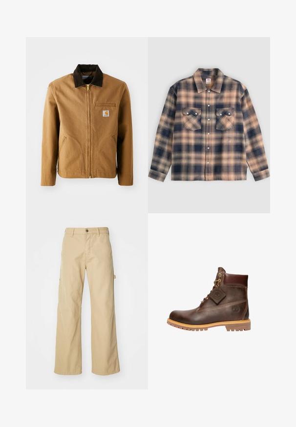Braune Canvas-Jacke mit einem dunkelbraunen Cordkragen, Reißverschluss, Brusttasche und Seitentaschen. Verfügt über einen Logo-Patch auf der linken Seite.; Langärmelige karierte Hemdjacke in Beige und Dunkelblau mit zwei aufgesetzten Taschen vorne und weißen Druckknöpfen in der Mitte.; Beigeweite Cargo-Hosen mit Knopfverschluss, ausgestattet mit Seitentaschen, aus strapazierfähigem Baumwollstoff, mit glatter Textur und geradem Schnitt.; Braune Leder-Ankelstiefel mit runder Zehenpartie, robuster Sohle, goldfarbener Hardware und strukturiertem Obermaterial. Enthält ein angehängtes Logo-Tag.