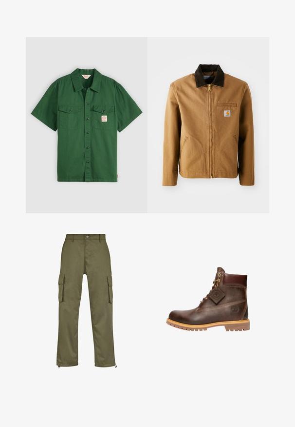 Bruine canvas jas met een donkerbruine corduroy kraag, ritssluiting, borstzak en zijzakken. Bevat een logo patch aan de linkerkant.; Korte mouwen groene katoenen shirt met knoopsluiting, twee borstzakken en een klein label op de linkse zak. Effen, geen patronen.; Olijfgroene cargobroek met een rechte snit, twee zijzakken en ritsdetails bij de broekspijpen. Gemaakt van duurzame stof.; Bruine leren enkelboot met een ronde neus, stevige zool, hardware in goudkleur en een gestructureerde bovenkant. Inclusief een merklabel dat is bevestigd.