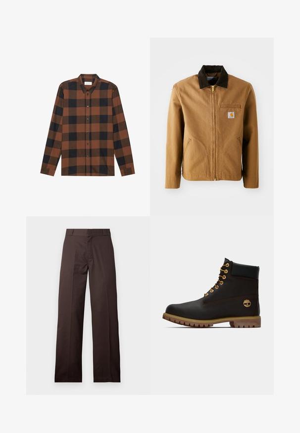 Veste en toile marron avec un col en velours côtelé marron foncé, fermeture éclair, poche poitrine et poches latérales. Présente un patch logo sur la gauche.; Chemise à manches longues à carreaux marron et noir en tissu, avec un col à rabat et une patte de boutonnage ; présente des manches à poignets.; Pantalon marron droit avec passants de ceinture et fermeture éclair à l'avant, présenté sur un fond clair uni.; Bottine noire en cuir avec œillets dorés, accents marron et semelle en caoutchouc. Comprend un col rembourré et un logo estampé sur le côté.