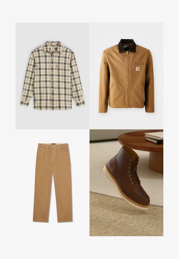 Bruine canvas jas met een donkerbruine corduroy kraag, ritssluiting, borstzak en zijzakken. Bevat een logo patch aan de linkerkant.; Langarm geruite blouse in beige, zwart en bruin stof, met knoopsluiting, twee borstzakken en een klassiek kraagontwerp.; Lichtbruine broek met rechte pijpen, vooraan met knoop en rits, met voorzakken en muntzakje, en zichtbare witte stiksels.; Bruine leren enkelboot met beige zool op een gestructureerd beige vloerkleed naast een ronde houten tafel met opgestapelde boeken.