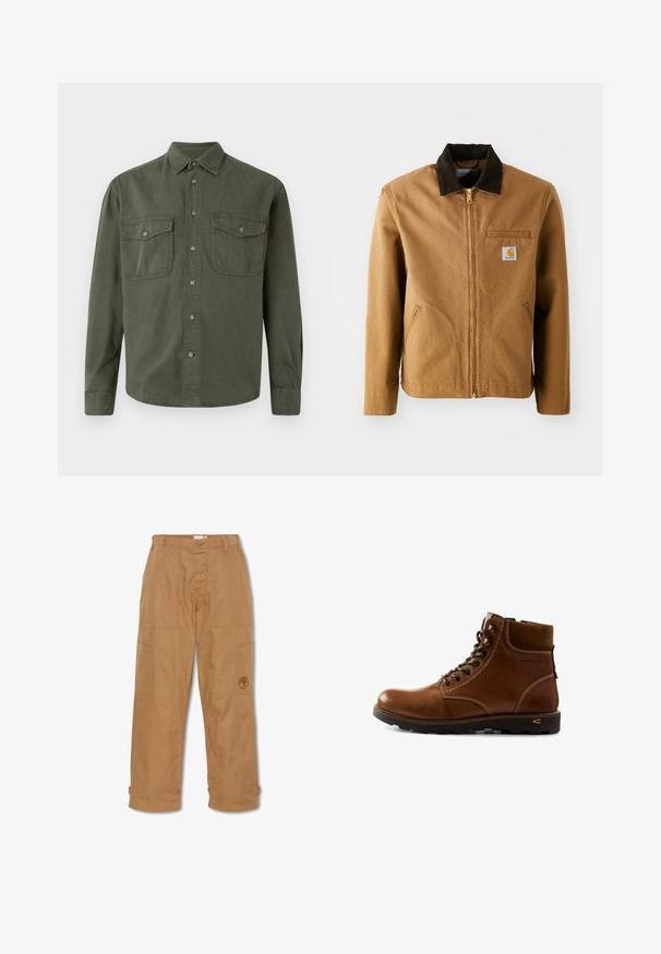 Bruine canvas jas met een donkerbruine corduroy kraag, ritssluiting, borstzak en zijzakken. Bevat een logo patch aan de linkerkant.; Khaki langekootshirt van katoen. Heeft een knoopsluiting aan de voorkant, twee borstzakken met kleppen en een klassieke kraag. Eenvoudig ontwerp.; Khaki werkbroek, gemaakt van duurzaam materiaal, heeft meerdere zakken, een knoopsluiting en een geborduurd logo op de dij.; Leren enkellaars in bruin met gevoerde kraag, vetersluiting en robuuste zwarte zool, ontworpen voor buitenavonturen.