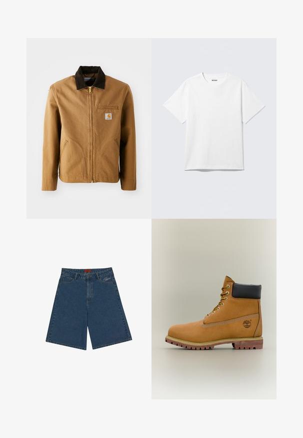 Braune Canvas-Jacke mit einem dunkelbraunen Cordkragen, Reißverschluss, Brusttasche und Seitentaschen. Verfügt über einen Logo-Patch auf der linken Seite.; Weißes T-Shirt mit kurzen Ärmeln und Rundhalsausschnitt, flach liegend, schlichtes Design, mit „WEEKDAY“-Etikett innen im Kragen auf hellem Hintergrund.; Dunkelblaue Jeansshorts mit mittelhohem Bund, Druckknopfverschluss, Fronttaschen und gesticktem Logo auf der linken Seite.; Brauner Leder-Stiefelette mit schwarzem Kragen, gelben Schnürsenkeln und hellbrauner Sohle. Verfügt über ein Logo und weiße Ziernähe. Robuste Profilsohle.