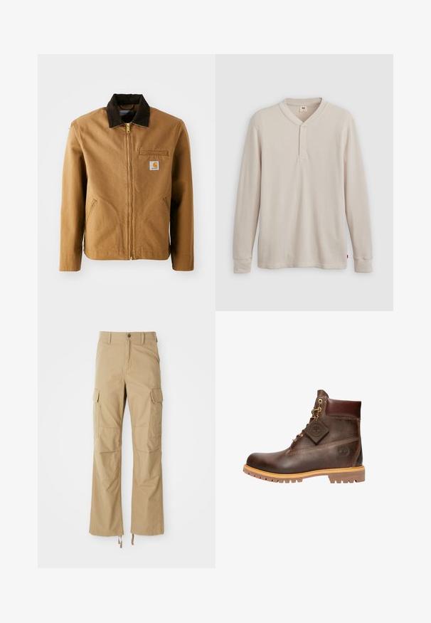 Veste en toile marron avec un col en velours côtelé marron foncé, fermeture éclair, poche poitrine et poches latérales. Présente un patch logo sur la gauche.; T-shirt henley à manches longues en tissu côtelé beige clair, avec un col en V, une patte de boutonnage à trois boutons et des manches à poignets. Étiquette logo rouge à l'ourlet.; Pantalons cargo kaki en tissu durable, dotés de plusieurs poches latérales, d'une coupe droite et de cordons de serrage réglables à l'ourlet.; Bottine en cuir marron avec un bout rond, une semelle robuste, des éléments en doré et un dessus texturé. Comprend une étiquette de logo attachée.