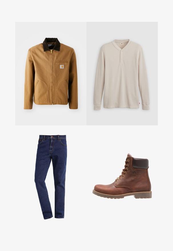 Braune Canvas-Jacke mit einem dunkelbraunen Cordkragen, Reißverschluss, Brusttasche und Seitentaschen. Verfügt über einen Logo-Patch auf der linken Seite.; Langärmliges Henley-Shirt aus leicht beigem Rippstoff mit V-Ausschnitt, Knopfleiste mit drei Knöpfen und angeschnittenen Ärmeln. Roter Logo-Tag am Saum.; Dunkelblaue gerade geschnittene Denim-Jeans mit Vordertaschen, Knopfverschluss, Gürtelschlaufen und sichtbaren Nähten.; Braune Lederstiefelette mit goldenen Ösen, Kunstpelzfutter, Gummisohle und einem Logo in der Nähe der Schnürsenkel. Mit einem gepolsterten braunen Kragen.