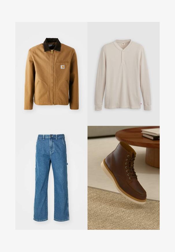 Brun lærredjakke med en mørkebrun fløjlskrave, lynlås lukning, brystlomme og sidelommer. Har et logo patch på venstre side.; Langærmet henley-skjorte i lys beige ribbet stof, med V-hals, tre-knap placket og manchetter ved ærmerne. Rød logo-tags ved kanten.; Blå denim cargo bukser med en afslappet pasform, der har sidelommer, lynlås og kontrastsyninger på sømmene.; Brune læderankelstøvle med beige sål på et struktureret beige tæppe ved siden af et rundt træbord med stakke af bøger.