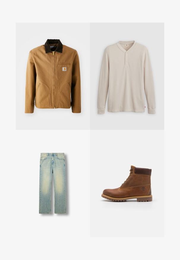 Veste en toile marron avec un col en velours côtelé marron foncé, fermeture éclair, poche poitrine et poches latérales. Présente un patch logo sur la gauche.; T-shirt henley à manches longues en tissu côtelé beige clair, avec un col en V, une patte de boutonnage à trois boutons et des manches à poignets. Étiquette logo rouge à l'ourlet.; Jeans en denim bleu clair à jambes droites avec décoloration sur les cuisses, style classique à cinq poches et passants pour ceinture, présentés sur un fond blanc.; Botte de randonnée en cuir marron avec une finition lisse, cheville rembourrée, œillets en métal et semelle en caoutchouc dotée d'un motif de crampons robuste.