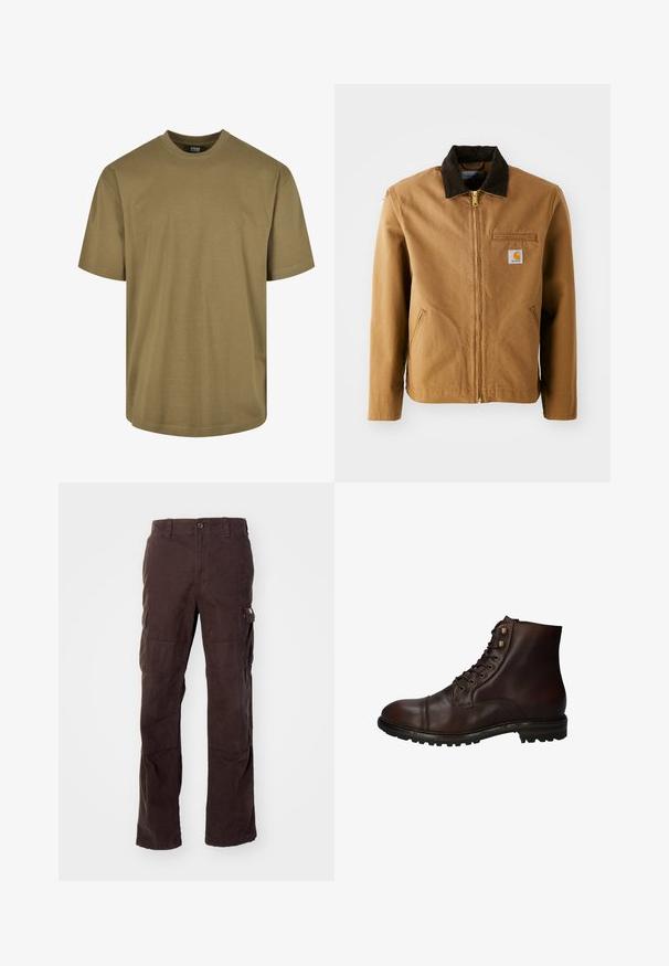 Braune Canvas-Jacke mit einem dunkelbraunen Cordkragen, Reißverschluss, Brusttasche und Seitentaschen. Verfügt über einen Logo-Patch auf der linken Seite.; Olivenfarbene T-Shirt, kurze Ärmel, runder Halsausschnitt, aus Baumwollmaterial, verfügt über ein schlichtes Design ohne Muster oder Akzente.; Braune Cargo-Hose aus robustem Baumwollstoff, mit seitlichen Taschen, einer lässigen Passform und geraden Beinen mit sichtbaren Nähten.; Dunkelbraune Leder Schnürstiefelette mit robustem Gummisohlen und Metallösen, von der Außenseite betrachtet.