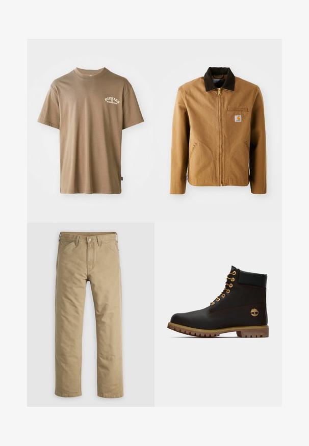 Brun lærredjakke med en mørkebrun fløjlskrave, lynlås lukning, brystlomme og sidelommer. Har et logo patch på venstre side.; Brun bomulds T-shirt med rund hals, korte ærmer og et hvidt logo med teksten "Dickies Workwear" på venstre brystområde.; Khakifarvede bomuldssbukser med lige ben, forlommer og knaplukning. Glat tekstur og forstærkede sømme for holdbarhed.; Sorte læder ankelstøvle med gyldne øjer, brune detaljer og gummisål. Har en polstret krave og præget logo på siden.