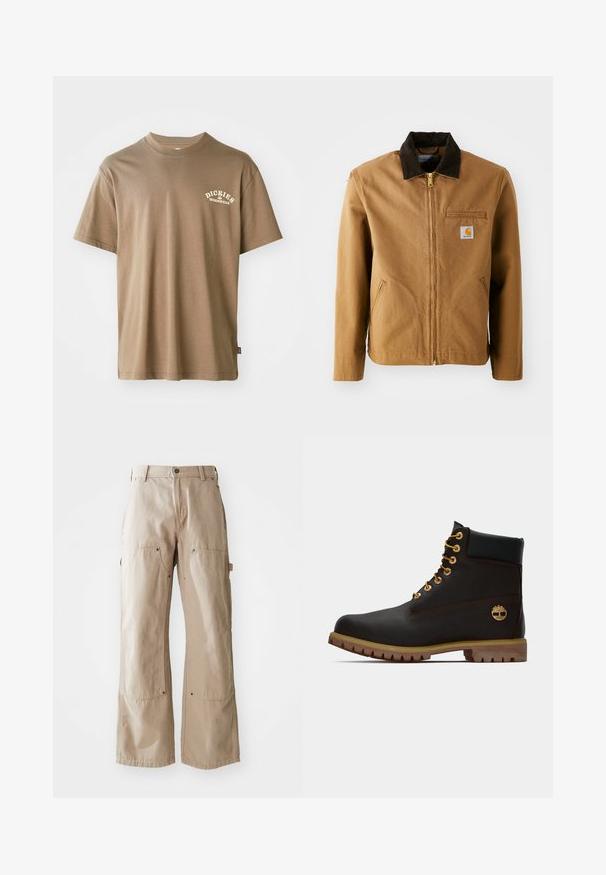 Brun lærredjakke med en mørkebrun fløjlskrave, lynlås lukning, brystlomme og sidelommer. Har et logo patch på venstre side.; Brun bomulds T-shirt med rund hals, korte ærmer og et hvidt logo med teksten "Dickies Workwear" på venstre brystområde.; Beige vide bukser lavet af slidstærkt bomuldsstof. Har for- og sidelommer, synlig syning og metaldetaljer ved lommerne.; Sorte læder ankelstøvle med gyldne øjer, brune detaljer og gummisål. Har en polstret krave og præget logo på siden.