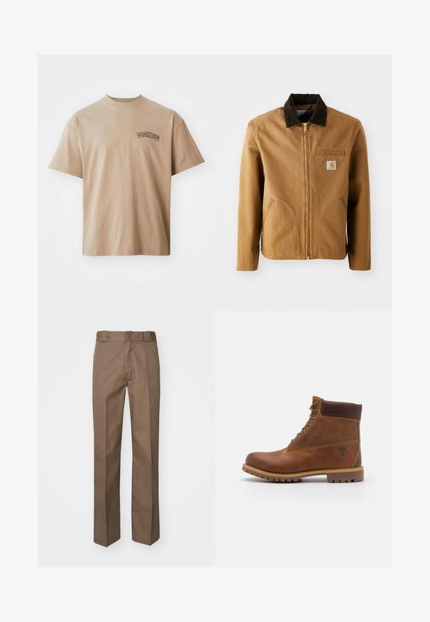 Brun lærredjakke med en mørkebrun fløjlskrave, lynlås lukning, brystlomme og sidelommer. Har et logo patch på venstre side.; Beige bomulds-T-shirt med korte ærmer og rund hals. Har "DICKIES" printet i sort på venstre bryst. Klassisk pasform og glat tekstur.; Brune bukser med flad front design, lige ben og klassisk talje. Fremstillet af holdbart stof, uden synlige mønstre eller udsmykninger.; Brun læder vandrestøvle med en glat finish, polstret ankel, metalliske snørehuller og en gummisål med et robust dækmønster.