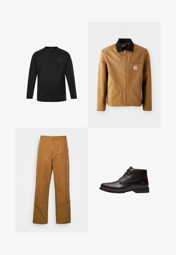 Braune Canvas-Jacke mit einem dunkelbraunen Cordkragen, Reißverschluss, Brusttasche und Seitentaschen. Verfügt über einen Logo-Patch auf der linken Seite.; Schwarzes Langarm-Henley-Shirt mit drei Knöpfen und Rundhalsausschnitt, schlichte Gestaltung und gerader Saum.; Braune Baumwoll-Arbeitshosen mit geradem Bein, die über Vordertaschen und Metallakzente für zusätzliche Strapazierfähigkeit verfügen.; Dunkelbrauner Leder-Schnürstiefel mit schwarzer Sohle und dezentem Markenlogo an der Seite, im Profil vor weißem Hintergrund gezeigt.