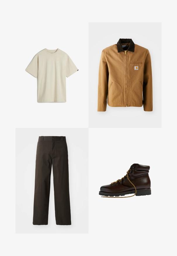Bruine canvas jas met een donkerbruine corduroy kraag, ritssluiting, borstzak en zijzakken. Bevat een logo patch aan de linkerkant.; Beige katoenen T-shirt met korte mouwen, een ronde hals en een klein wit logo op de borst. Soepele textuur met een ontspannen pasvorm.; Zwarte katoenen broek met een recht model, voorzien van een knoopsluiting en een klassieke tailleband. Gladde textuur, zonder patronen of accenten.; Bruine leren wandelschoen met een ronde neus, gestructureerd oppervlak, gele veters en metalen oogjes. Heeft een robuuste zwarte rubberen zool.