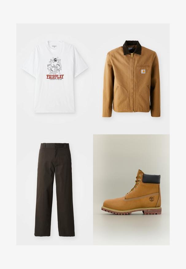 Bruine canvas jas met een donkerbruine corduroy kraag, ritssluiting, borstzak en zijzakken. Bevat een logo patch aan de linkerkant.; Witte katoenen t-shirt met een cartoonafbeelding van twee figuren die basketbal spelen, met "FAIRPLAY" in rode tekst onder het ontwerp.; Zwarte katoenen broek met een recht model, voorzien van een knoopsluiting en een klassieke tailleband. Gladde textuur, zonder patronen of accenten.; Bruine leren enkellaars met zwarte kraag, gele veters en een zandkleurige zool. Voorzien van een logo en witte stikseldetails. Robuuste loopzool met grip.