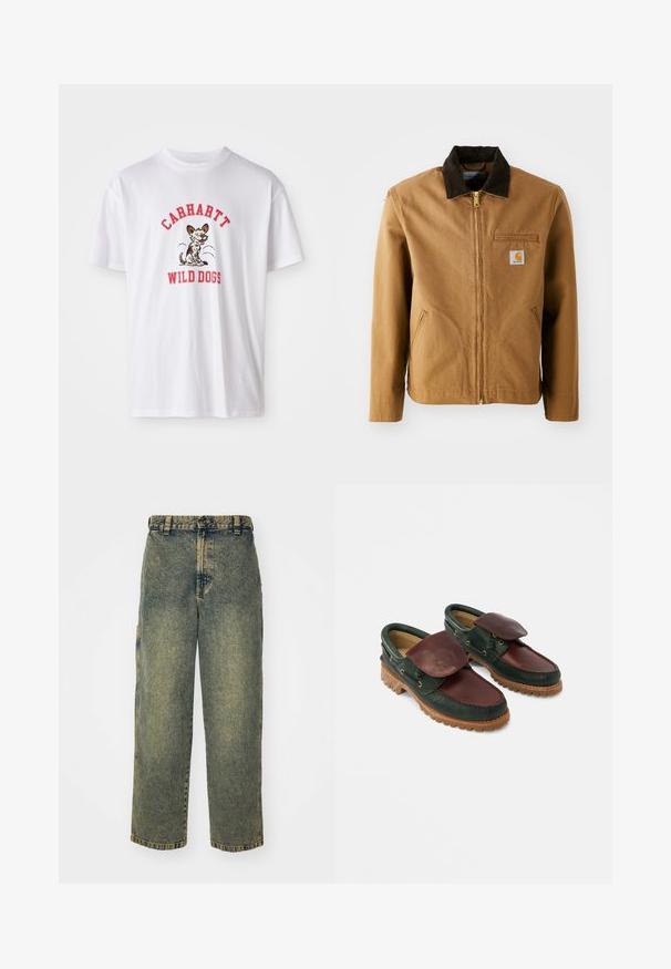 Veste en toile marron avec un col en velours côtelé marron foncé, fermeture éclair, poche poitrine et poches latérales. Présente un patch logo sur la gauche.; T-shirt en coton blanc avec le texte brodé rouge "CARHARTT WILD DOGS" et un graphique de chien cartoon sur le devant. Manches courtes, col rond.; Jeans en denim ample avec un délavage bleu et vert. Comprend une fermeture à bouton, des passants de ceinture et des poches latérales. Pas de pli à l'avant et design à jambe droite.; Chaussures en cuir avec un corps vert foncé, un dessus bordeaux, un bout rond, un rabat sécurisé et une semelle en caoutchouc texturée avec des rainures.