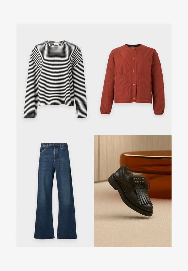 Veste matelassée couleur rouille avec boutons-pression, manches longues, encolure ronde, et deux poches plaquées frontales sur fond blanc.; Haut à manches longues à rayures noires et blanches, avec un col rond, une coupe décontractée et un motif en tricot texturé. Longueur cropée.; Jean en denim bleu foncé taille haute avec une coupe large évasée, fermeture à boutons et zip à l'avant, et poches avant.; Chaussure en cuir noire à lacets avec franges décoratives et clous métalliques posée sur un tapis beige près d'un meuble marron.